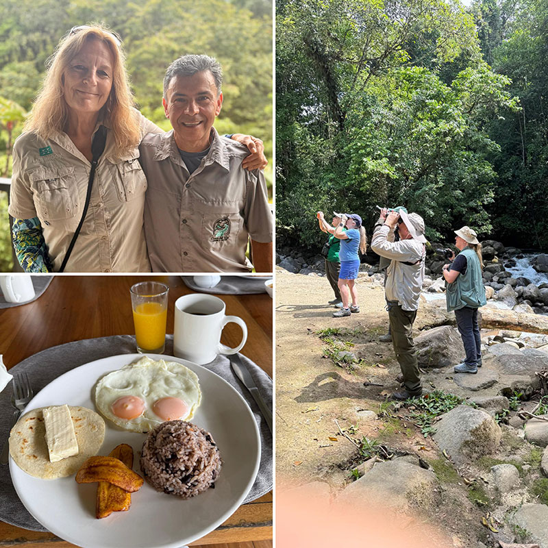 Grid collage of Debbie and Edwin smiling, a plate with eggs, rice and beans, plantains, and cheese, and people standing with binoculars near a river.