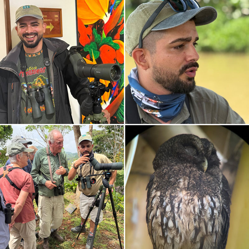 Grid collage of birding guide with scope, in profile, and standing with other people, and a digiscoped image of an owl.