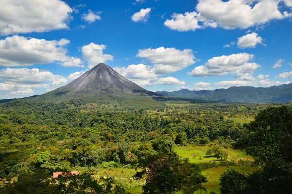 Conical volcano with forested landscape in the foreground.