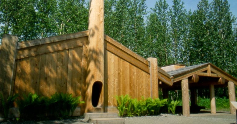 Building with wood paneling