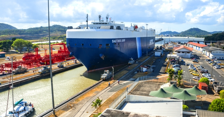 Ship crossing through Miraflores Locks in the Panama Canal