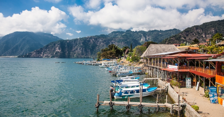 View of Lake Atitlan's north shore in the town of Panajachel, Guatemala