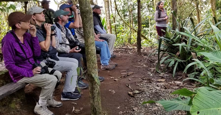 People hold binoculars and sit on a wooden bench looking toward some shrubbery