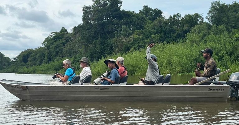 Groups sits in a boat observing wildlife