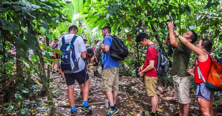 A group of teenage students walk and take pictures on an unpaved rainforest trail
