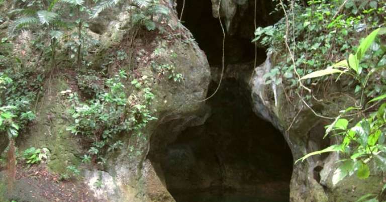 A limestone cave entrance with a pool of water at the base