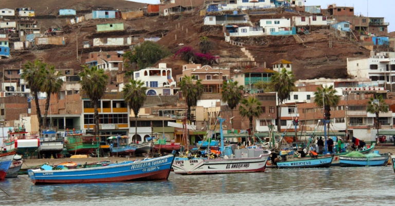 Several small, colorful fishing boats are docked near a shore line, with buildings on a hill in the background