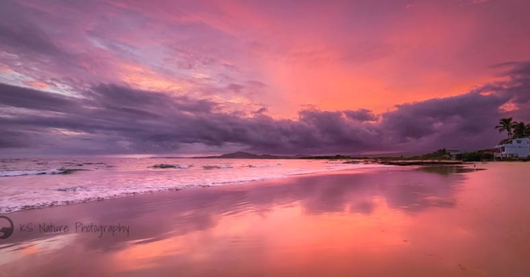 A sandy beach with pink sky and clouds reflected in the water below