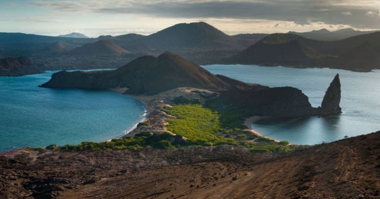 The view of Pinnacle Rock from Bartolomé Island