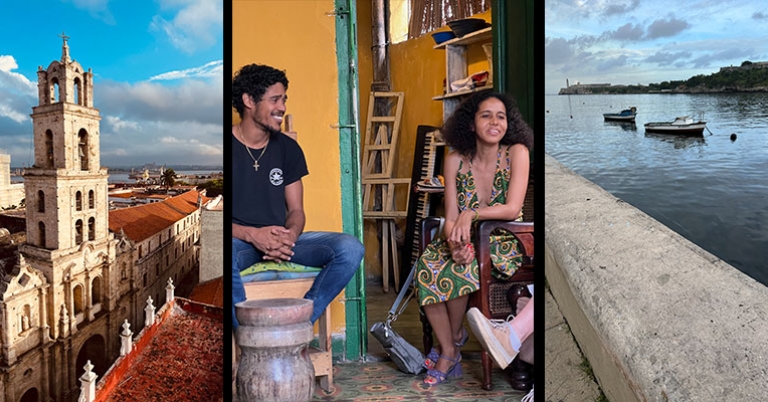 L-R: View of tower and ocean; musicians Alejandro and Yanet; Malecón