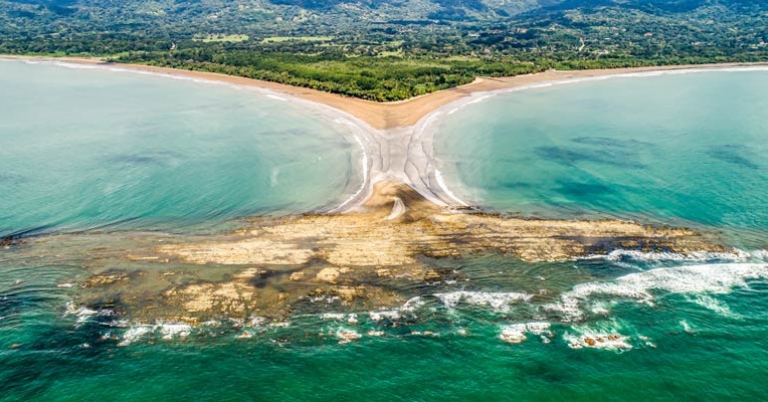Aerial view of 'whale tail' beach at Marino Ballena National Park