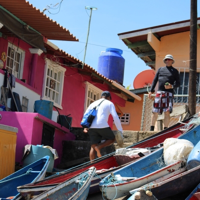 Several boats lined up in Punta Chame, Panama
