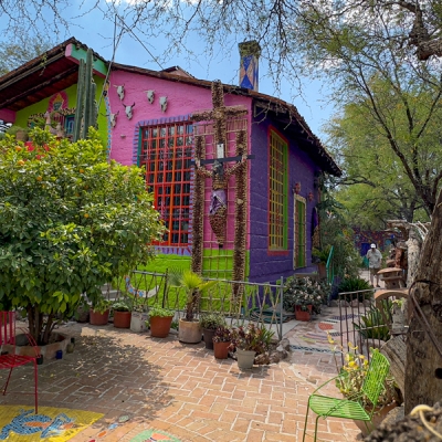 Pink house and gardens at Chapel of Jimmy Ray Gallery in San Miguel de Allende, Mexico