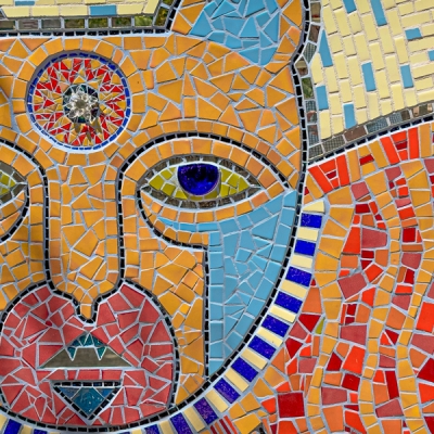 Intricate and colorful mosaic works by Anado McLauchlin at the Chapel of Jimmy Ray Gallery
