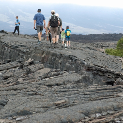Group of travelers hiking on Fernandina Island