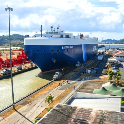 Ship crossing through Miraflores Locks in the Panama Canal