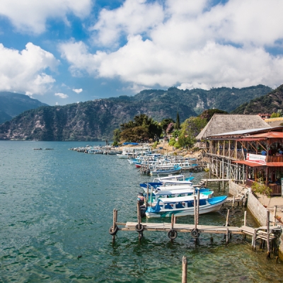 View of Lake Atitlan's north shore in the town of Panajachel, Guatemala