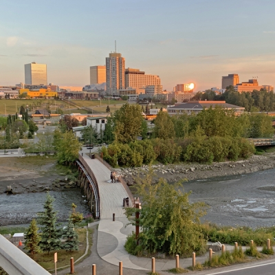 Views of Downtown Anchorage, Alaska at midnight