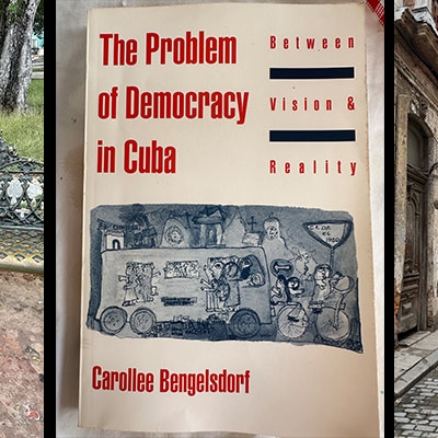 L-R: John Lennon statue; book cover; Havana street scene