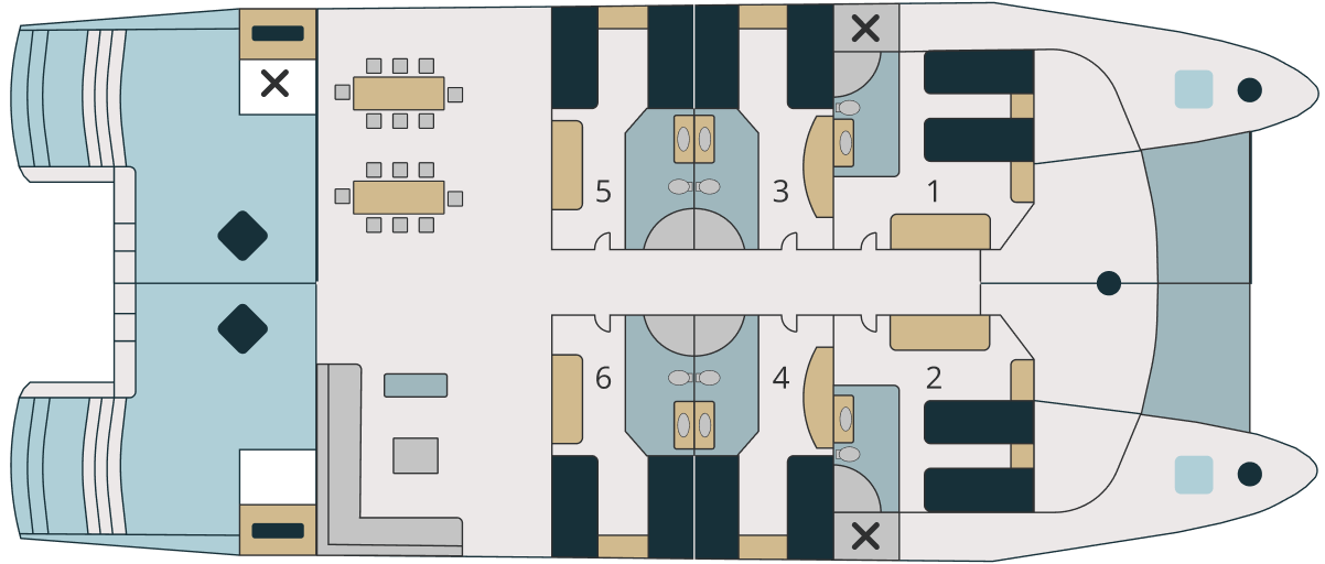 Illustration of main deck layout showing six cabins, dining area, and lounge area
