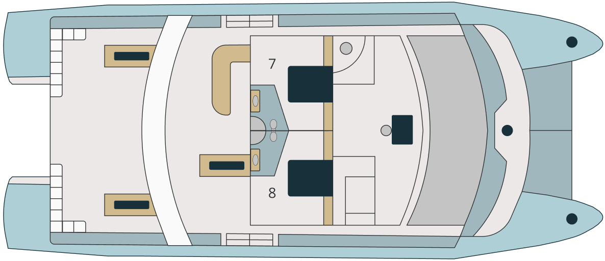 Illustration of upper deck layout showing two cabins and outdoor lounge area